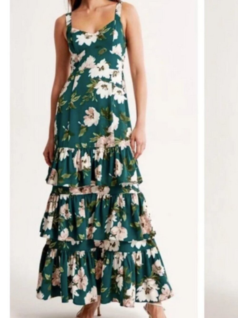 AF Abercrombie & Fitch Green Floral Drama Ruffle Tiered Maxi Dress Size S NWoT